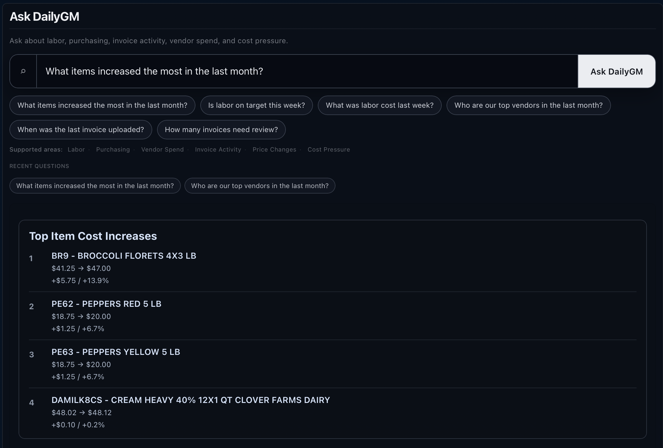 DailyGM ask interface for operating questions across labor, purchasing, and invoice activity